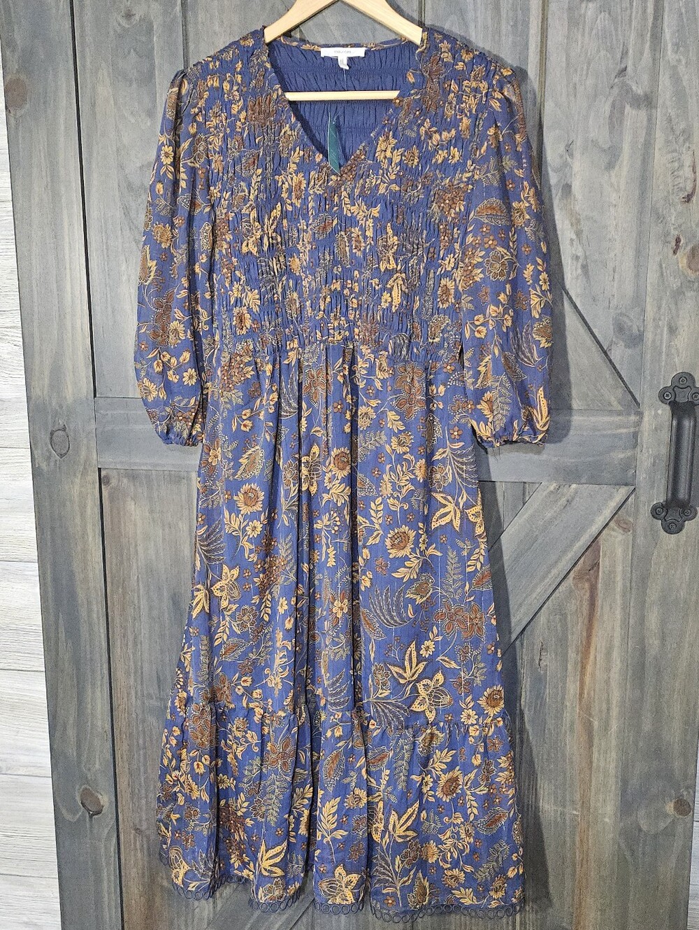 Maurices Women's L Blue Floral Smocked Maxi Dress with Mustard Print NWT